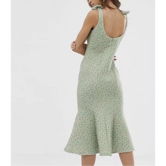 ASOS Pastel Floral Green Mermaid Dress V-neck midi Feminine Bows Cottagecore 4 - Picture 2 of 12